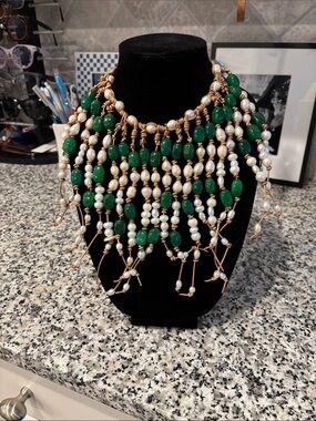 Handcrafted Jade and Pearl Statement Necklace